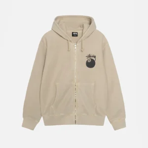 Stussy Felpa con cappuccio 8 Ball con zip tinta pigmento cachi