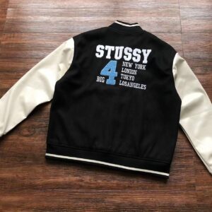 Stussy Giacca in pelle e lana nera vintage Big 4